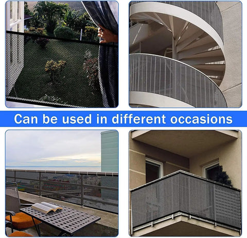 Banister Guard Mesh Net For Stairs And Balconies Kid And Pet Safe Gate 10 ft x 2.6 ft used on various railings and balconies.
