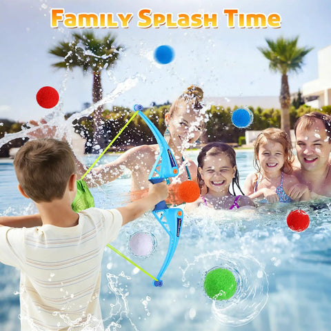 Child using 25 Pack Reusable Water Balloons With Bow And Arrow Set For Kids Ages 3 To 12 in pool with family