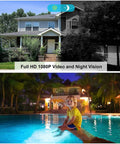 Wireless Outdoor Security Camera 1080P HD Battery Powered capturing day-night vision of house and child by pool, 32ft range