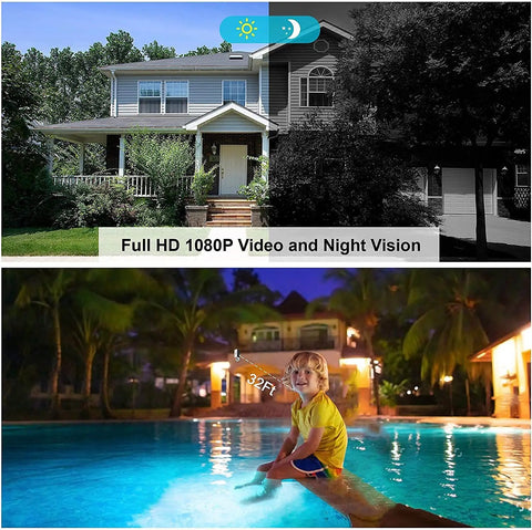 Wireless Outdoor Security Camera 1080P HD Battery Powered capturing day-night vision of house and child by pool, 32ft range