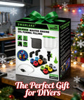Box of No Spill 20 Piece Engine Oil Funnel Kit with adapters and siphon hose on a holiday-themed workbench.