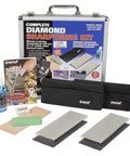All In One Pro Grade Diamond Sharpening Kit With 180 600 And 300 1000 Grit Diamond Stones Lapping Fluid Honing And Polishing Compound Leather Strop Storage Case Pouches Non Slip Mats Cleaning Block And Sharpening Solutions Guide displayed with contents