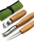 Sweet Complete Wood Spoon Carving Kit Featuring Razor Sharp Hook Knife Premium Sloyd Blade And Wide Bowl Gouge, Ash handles and canvas roll.
