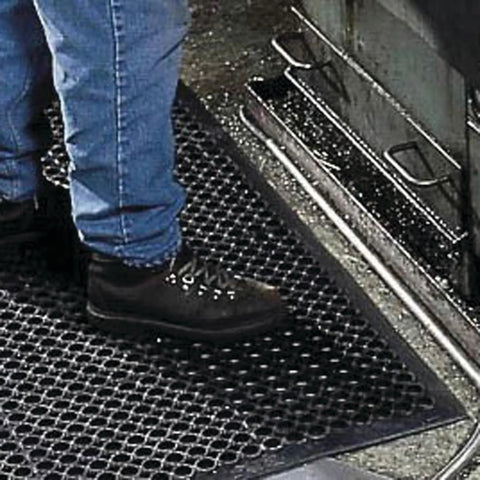 Person standing on Anti-Fatigue 3 Ft by 10 Ft Rubber Floor Mat for Commercial Kitchens with drainage holes and beveled edges