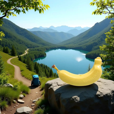 Reusable Banana Keeper Guard With Secure Snap Lid Keeps Bananas Fresh And Prevents Bruising For Tailgate Days Camping Trips And Backyard Hangouts Portable Fruit Travel Case That Clips Shut displayed against a scenic mountain lake.