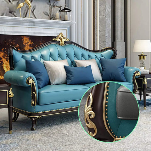 Killer Style Antique Brass Upholstery Tack Nails Slick One Inch Round Heads For Furniture Reno Cork Boards And Custom Woodwork Pack Of Thirty Solid Craft Accents on a beautifully upholstered blue sofa.