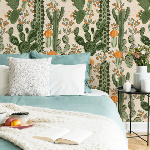 Bedroom with Desert Cactus Wallpaper Peel And Stick Floral Cacti And Succulents Boho Wall Mural For Walls Cabinets Shelves Bathrooms