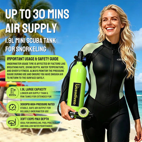 Woman holding DOT Certified 1.9L Scuba Tank Pony Bottle for Snorkeling and Boat Cleaning, Your On The Go Dive Buddy With Aerospace Grade Aluminum Build, Anti Oxidation Coating