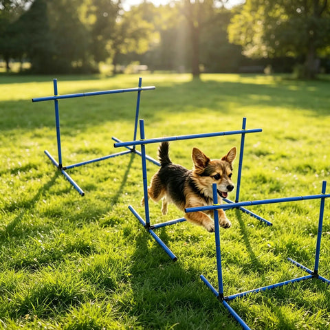 Versatile Adjustable Dog Agility Jump Set With Hurdles And Weave Poles 0 To 31 Inch Height 2.6 Foot Training Obstacle Course