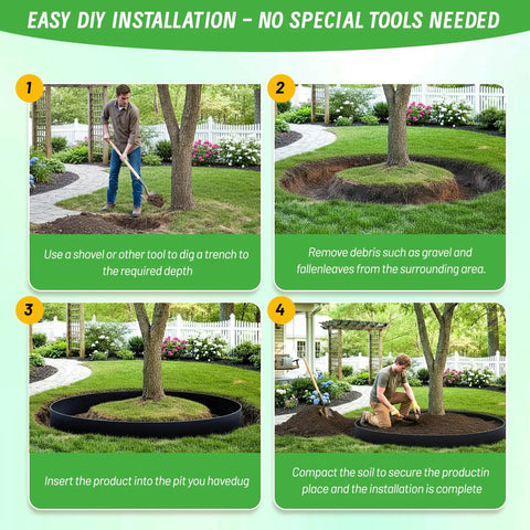 Step-by-step guide to installing Root Barrier 12In By 15Ft By 60Mil For Trees, Recycled HDPE Landscape Edging around a tree.