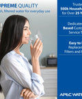 Woman drinking filtered water at home next to APEC Water branding