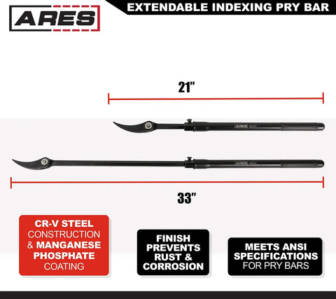 Extendable Indexing Pry Bar For Mechanics And Heavy Equipment 21 To 33 Inch Telescoping Pry Bar With 14 Position Rotating Head Grooved Tip Chrome Vanadium Steel Tough As Nails Heavy Duty Tool For Engine Bays And Suspension Work in collapsed and extended views