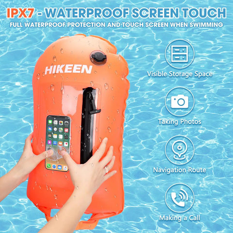 Bright Orange Swim Buoy With 20L Dry Bag Must-Have Fully Waterproof Floating Safety Float with touchscreen access feature