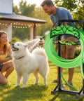 Beefy Garden Hose Holder With Storage Basket And Tool Hooks Freestanding Metal Hose Stand Holds Up To 160 Ft with family and dog