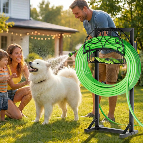 Beefy Garden Hose Holder With Storage Basket And Tool Hooks Freestanding Metal Hose Stand Holds Up To 160 Ft with family and dog