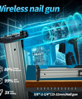 Top Shelf Cordless Brad Nailer Kit With 21V Power And Hella Long Battery Life For Smooth Woodworking and Zero Hassle Panel Fastening In Home Repairs Featuring Two Rechargeable Cells And Rugged Toolbox close-up view of wireless nail gun and nail size gauge.