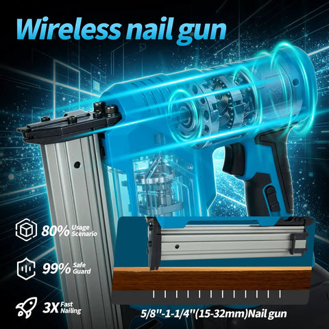 Top Shelf Cordless Brad Nailer Kit With 21V Power And Hella Long Battery Life For Smooth Woodworking and Zero Hassle Panel Fastening In Home Repairs Featuring Two Rechargeable Cells And Rugged Toolbox close-up view of wireless nail gun and nail size gauge.