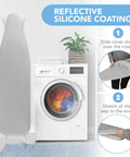 Silicone Coated Ironing Board Cover With Thick Padding And Straps Fits All Sizes shown on ironing board and in use