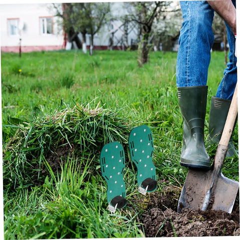 Person using Eight Piece Lawn Aerator Shoes With Solid Metal Straps For Easy Assembly And Soil Aeration On Lawns Gardens And Patios