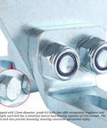Close-up of electric hoist trolley assembly with 8 wheel rollers for garage hoist systems, featuring bolts and lock nuts for safety.