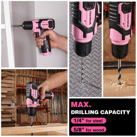 Pink Cordless Drill Set 8V Impact Drill Driver With 53 Piece Bit Kit 2.0Ah Battery Three Eighths Inch Keyless Chuck Variable Speed