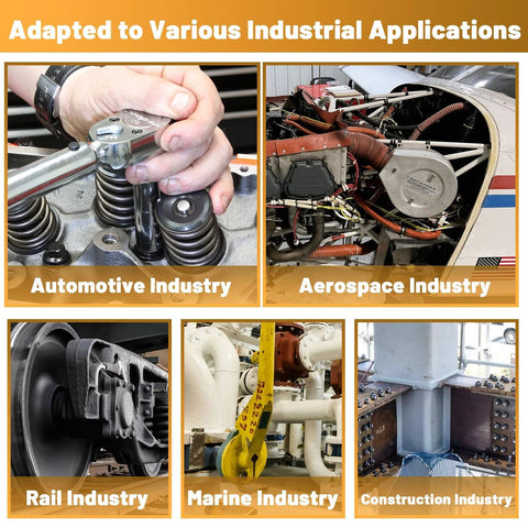 Collage of industrial equipment with orange banners labeling automotive, aerospace, rail, marine, and construction industries.