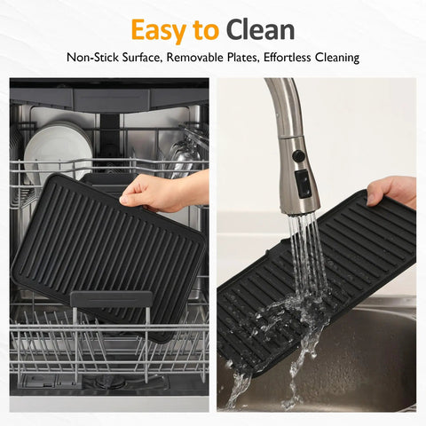 Removable ceramic plates being cleaned in a dishwasher and under running water for easy maintenance. Kick Up Your Dinner Game With This Badass 3-In-1 Electric Grill Indoor.