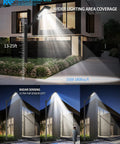 Solar Street Light With Motion Sensor And Dusk To Dawn, 6500K Daylight White, illuminating a building, showing lighting coverage.