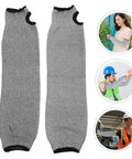 Heavy Duty Cut Resistant Arm Sleeves With Thumb Hole Built Tough As Nails For Welding And Gardening Straight Up Anti Cut Guard Gear For Mechanics And Site Work Premium Forearm Sleeves in grey fabric.