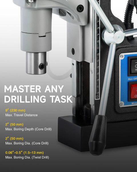 Close-up of Beast 1550W Portable Magnetic Drill Press with specifications display, showing controls and magnetic base.