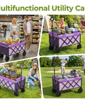 Purple Collapsible Wagon Cart With Wheels Heavy Duty Folding Utility Cart 220 Lb Capacity Portable Grocery Cart for shopping and garden use