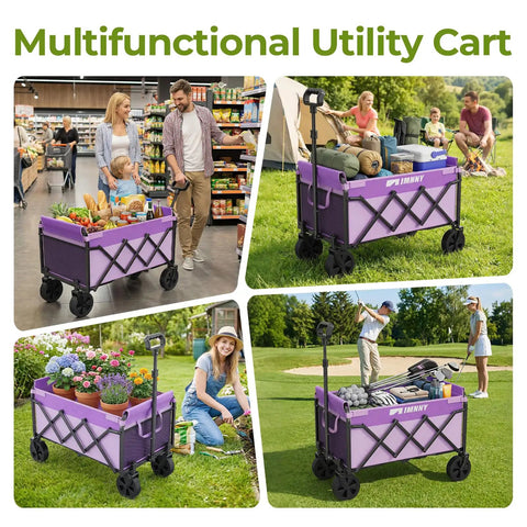 Purple Collapsible Wagon Cart With Wheels Heavy Duty Folding Utility Cart 220 Lb Capacity Portable Grocery Cart for shopping and garden use