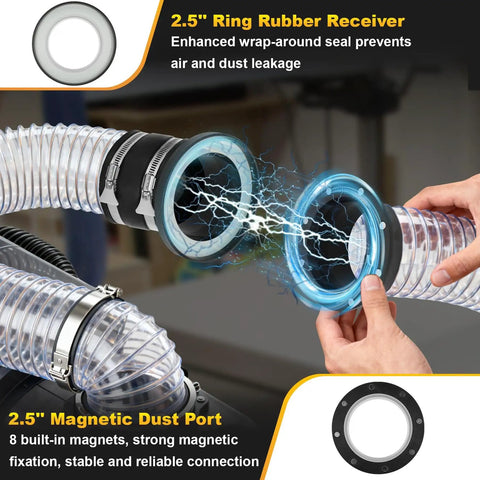 Close-up of Magnetic Dust Collection Fittings 4 To 2.5 Inch One To Multi Hose Adapter showing magnetic connection and hose.