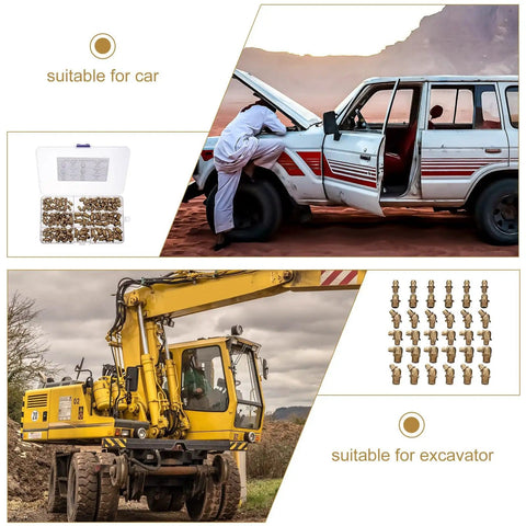 Ultimate Copper Grease Zerk Fittings Kit M6 M8 M10 With Sturdy Organizer Box For Industrial Lubrication Applications, Bearings And Machinery Maintenance, Pro Grade, Dope Gear in use on car and excavator scenes