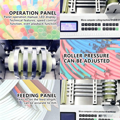 Heavy Duty Automatic Flexible Conduit And Heat Shrink Tube Cutter For Efficient Desktop Cable Processing operation panel close-up, LED display, features, and feed length setting.