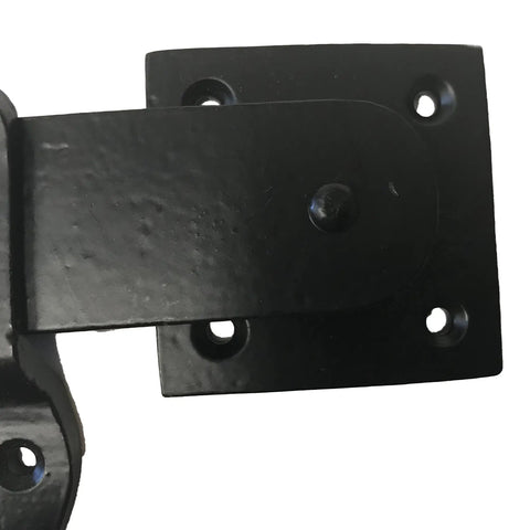 Close-up of Vintage Black Iron 5.75 Inch Door Latch With Old School Wrought Iron Finish, mounting holes visible