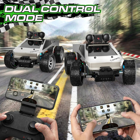 Dual control all-terrain RC cars with 720P HD FPV camera streaming real-time video to phones, showcasing rugged design and LED lights.