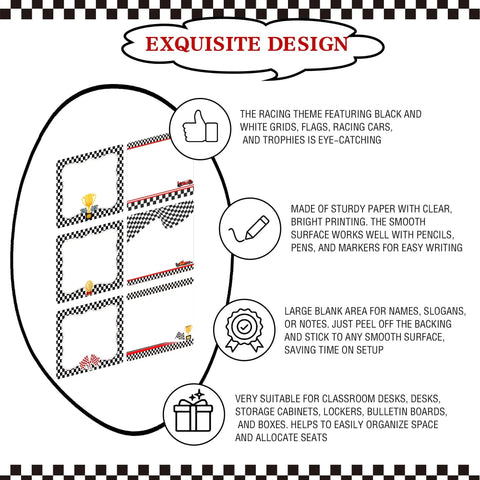 Checkered Race Car Desk Name Tags Set 2.5 By 3.5 Inches 240 Pieces With Black And White Racing Theme design features