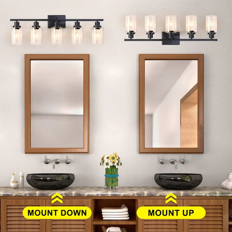 Dope Matte Black Five Light Wall Sconce With Clear Glass Shades, Modern Vanity Lighting For Mirrors, 37.8 Inch Long Wall Light