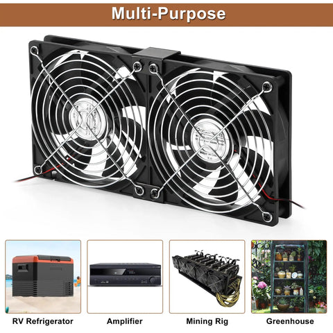 Two Pack IP67 Waterproof Silent 12V DC Cooling Fans 120mm by 25mm, dual fans with protective grill, for RV and outdoor gear