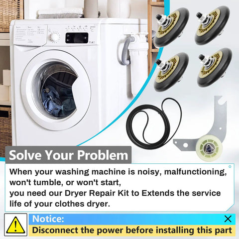 Electrolux Dryer Repair Kit With 137315300 Belt, 134715900 Rollers, 134793500 Pulley displayed with parts and assembly guide