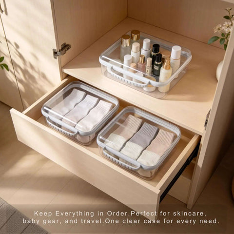 3 Pack Legit Hard Shell Zipper Cases Featuring Crystal Clear Visibility Deep Bottom Layout And Totally Waterproof Build For Dope Storage Solutions And Straight Up Quick Access, organized in drawers with skincare and socks.
