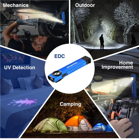 Rechargeable Pocket Flashlight With Dual Led And Cob, Uv Light, 600 Lumens, Magnetic Base, Clip, Slim Edc Flashlight For Garage, Camping, Home And Emergencies