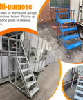Rock Solid Rolling Warehouse Ladder With Spacious Work Platform And Slick Glide Casters Portable Industrial Step Stool For Adults in blue and white.