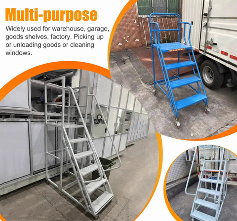 Rock Solid Rolling Warehouse Ladder With Spacious Work Platform And Slick Glide Casters Portable Industrial Step Stool For Adults in blue and white.