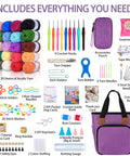 Components of Deluxe Beginner Crochet Kit Bundle With 116 Piece Set including yarn skeins, hooks, purple bag, and accessories.