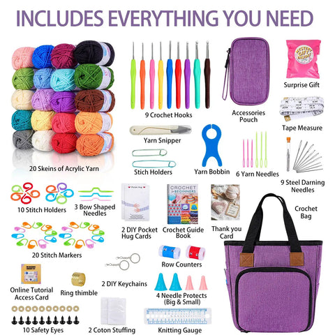 Components of Deluxe Beginner Crochet Kit Bundle With 116 Piece Set including yarn skeins, hooks, purple bag, and accessories.