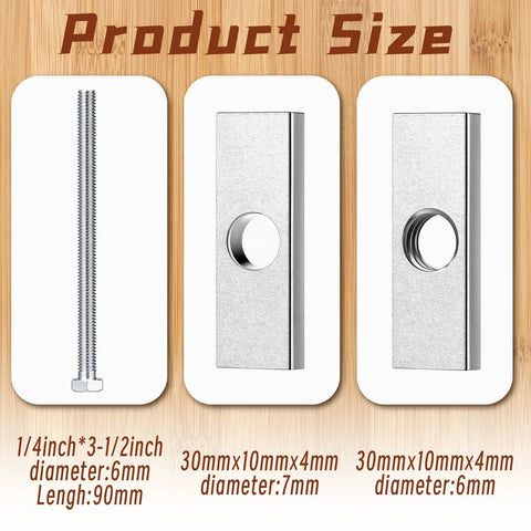 12 Pieces 1/4 X 3 1/2 Inch Countertop Miter Connector Bolts With Square Nuts For No Sweat Cabinet Installations And Rock Solid Wood Joint Fastenings That Deliver Serious Shop Grade Reliability, showcasing size and dimensions of components.