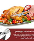 Heavy Duty Kitchen Scissors Set Eight And A Half Inch Two Pack Stainless Steel Shears for Meat Poultry Food Prep in use on roast chicken