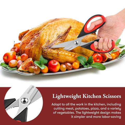 Heavy Duty Kitchen Scissors Set Eight And A Half Inch Two Pack Stainless Steel Shears for Meat Poultry Food Prep in use on roast chicken